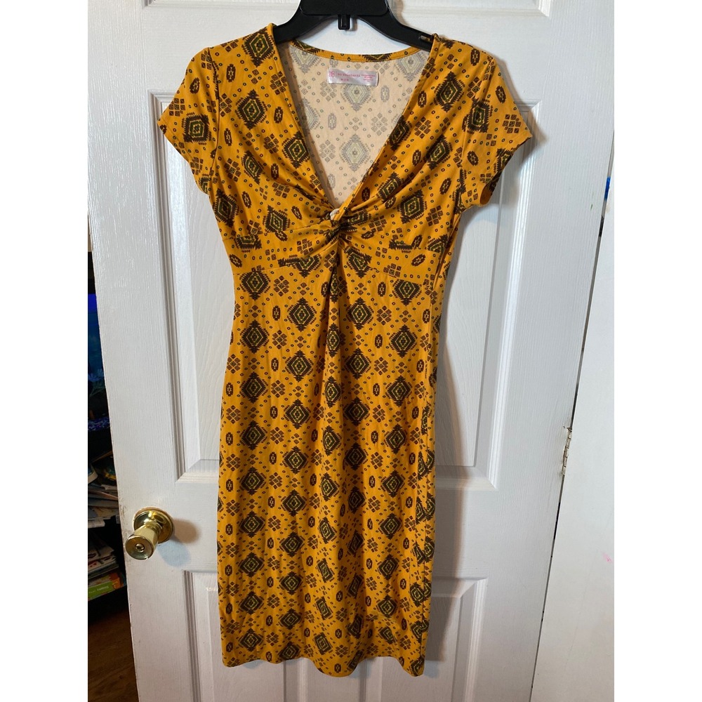 No Boundaries MustardYellow GeometricDiamond Twist Front V-Neck Midi Dress M 7-9